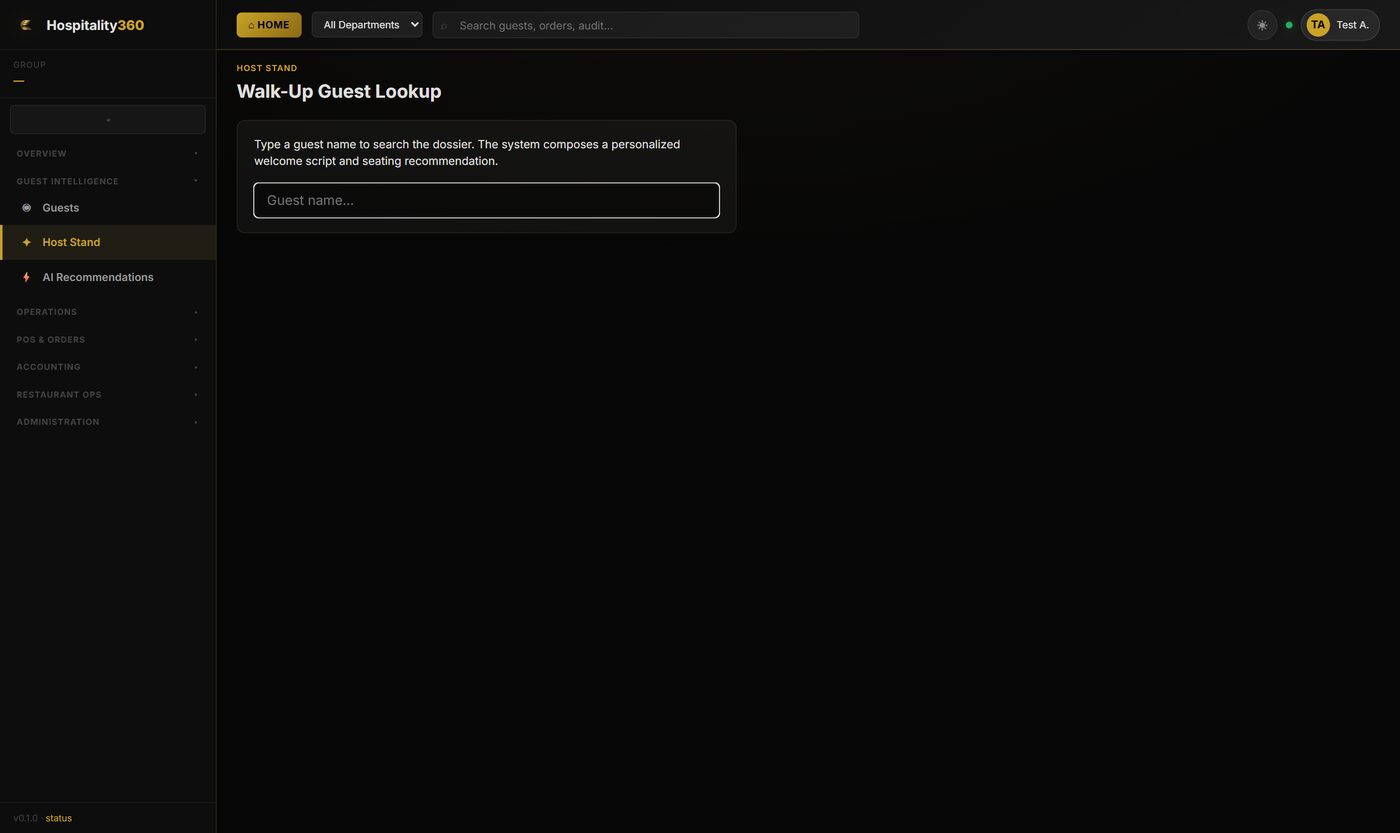 Host stand showing a walk-up guest lookup with dossier and dietary alerts